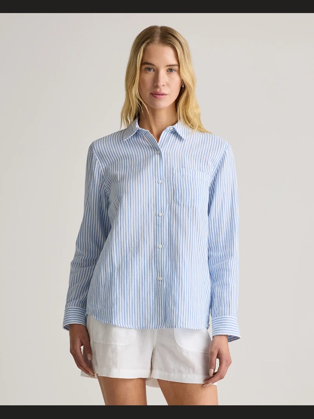 Quince Bayside Stripe Blue/White Organic Cotton Gauze Button-Down Shirt XS